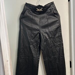 Chic Black Faux Leather Pants with Gold Buckle